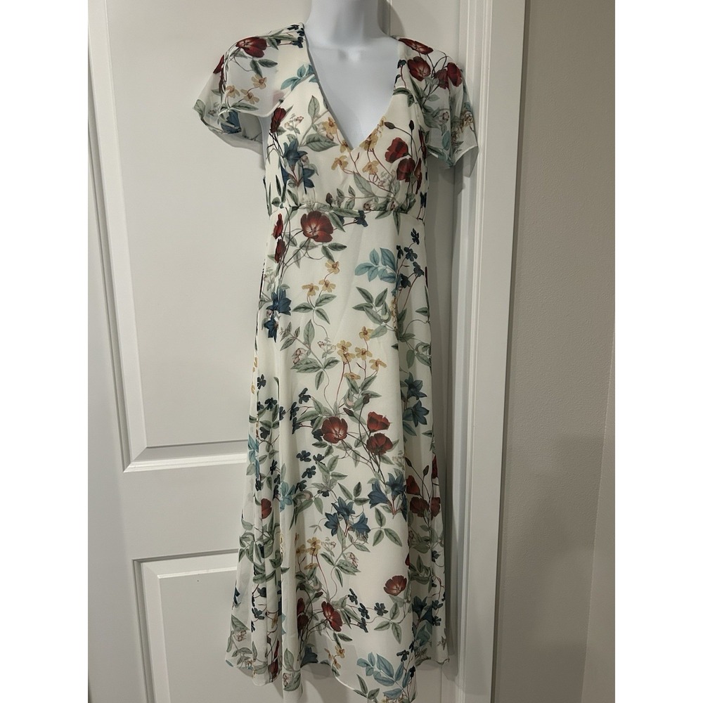 Anthropologie Willow & Clay Midi Dress  XS Ivory Floral Deep V Fairy Cottagecore